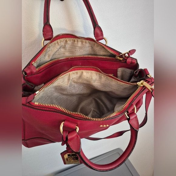 32-CIP RALPH LAUREN RED LEATHER SATCHEL PURSE HANDBAG CROSSBODY STRAP Valentines - Picture 6 of 17